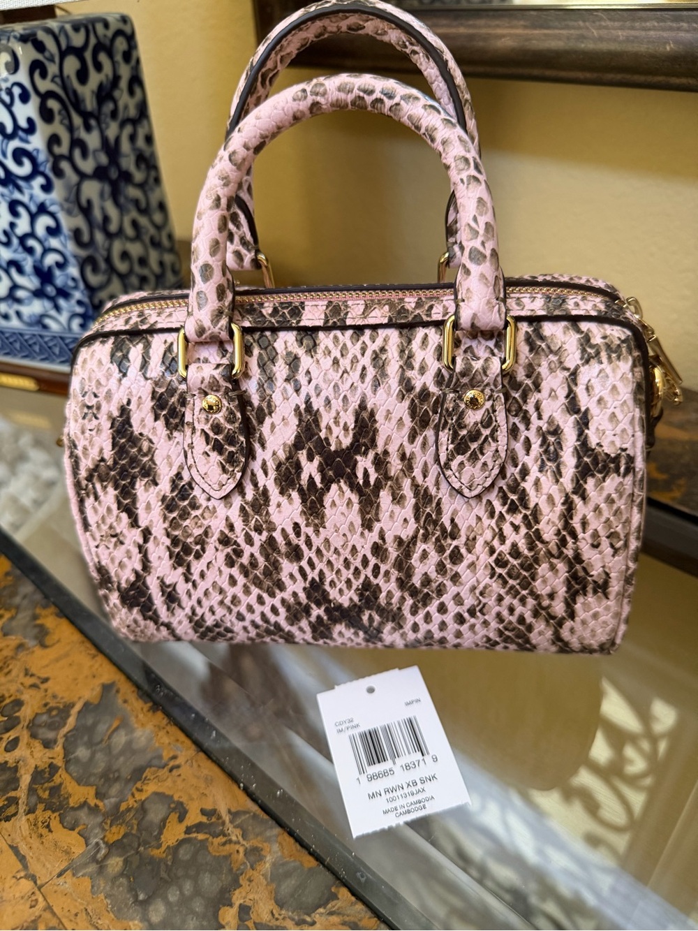 Coach Pink Snakeskin-Print Mini Rowan Satchel with Gold Hardware